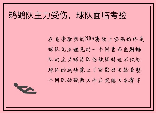 鹈鹕队主力受伤，球队面临考验